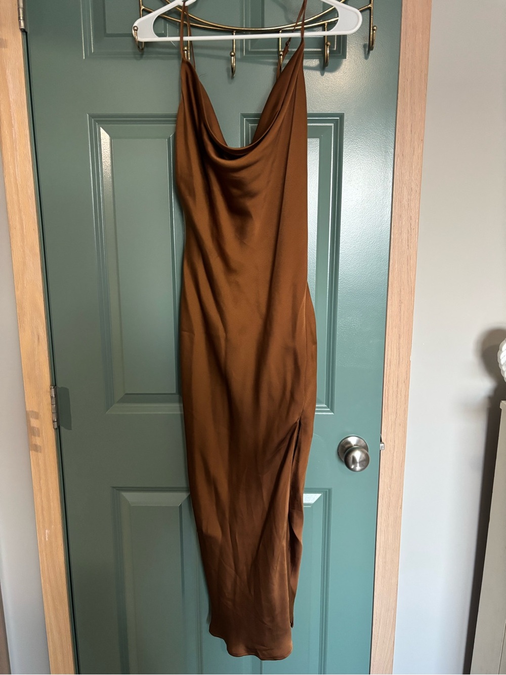 Lulu's Brown Satin Cowl Slip Maxi Dress